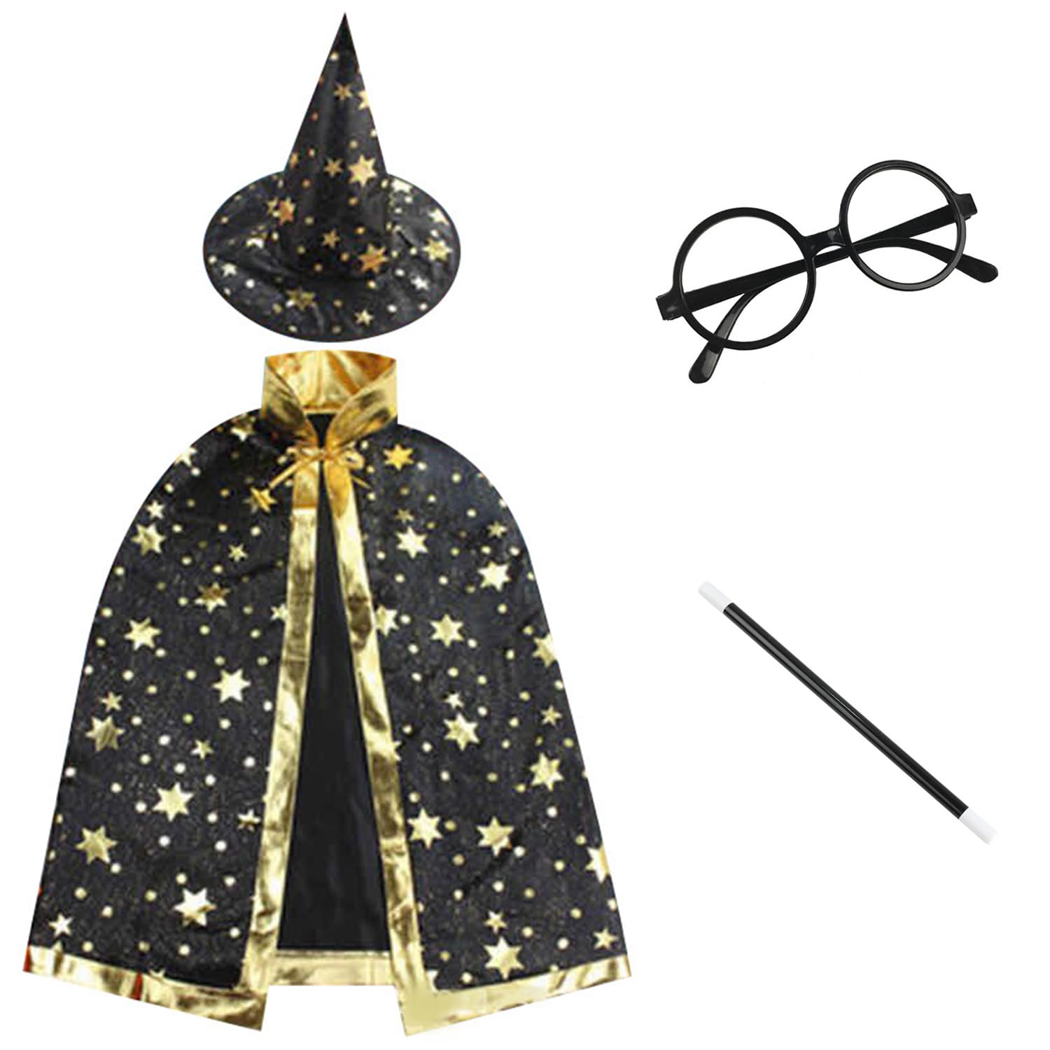 JNAWA 4 Pieces Wizard Halloween Costume Adult Wizard Cape Magic Hat Wand Glasses for Halloween World Book Day Fancy Dress Cosplay Party (Black)