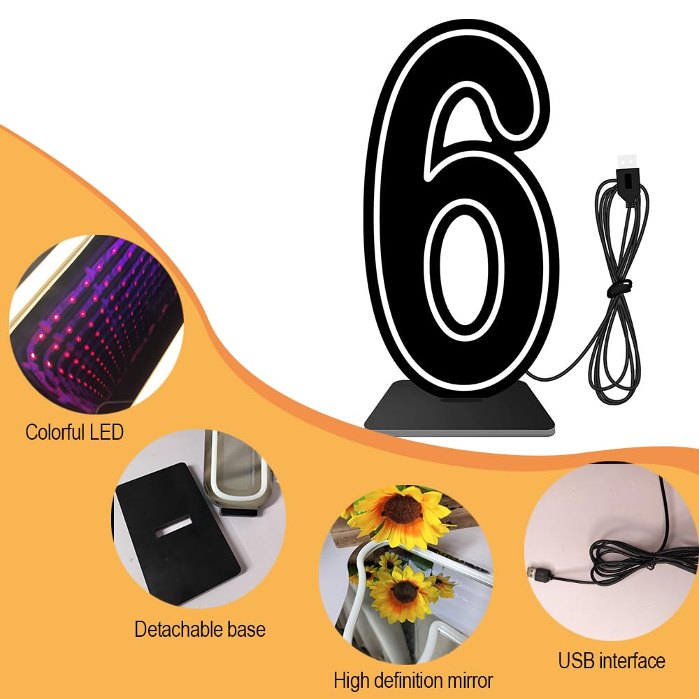Insegna al neon 3D a LED con numero 6, 45,7 cm, dimmerabile, cambia colore, infinito a mille strati, luce a specchio alimentata tramite USB, per feste di compleanno (numero 6)