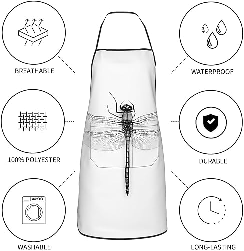 Miniatura 5 de Unisex Apron With Pocket, Black And White Dragonfly Chef Apron For Cooking, Bbq & Crafts, Spillproof Kitchen Protection Bib With Large Utility