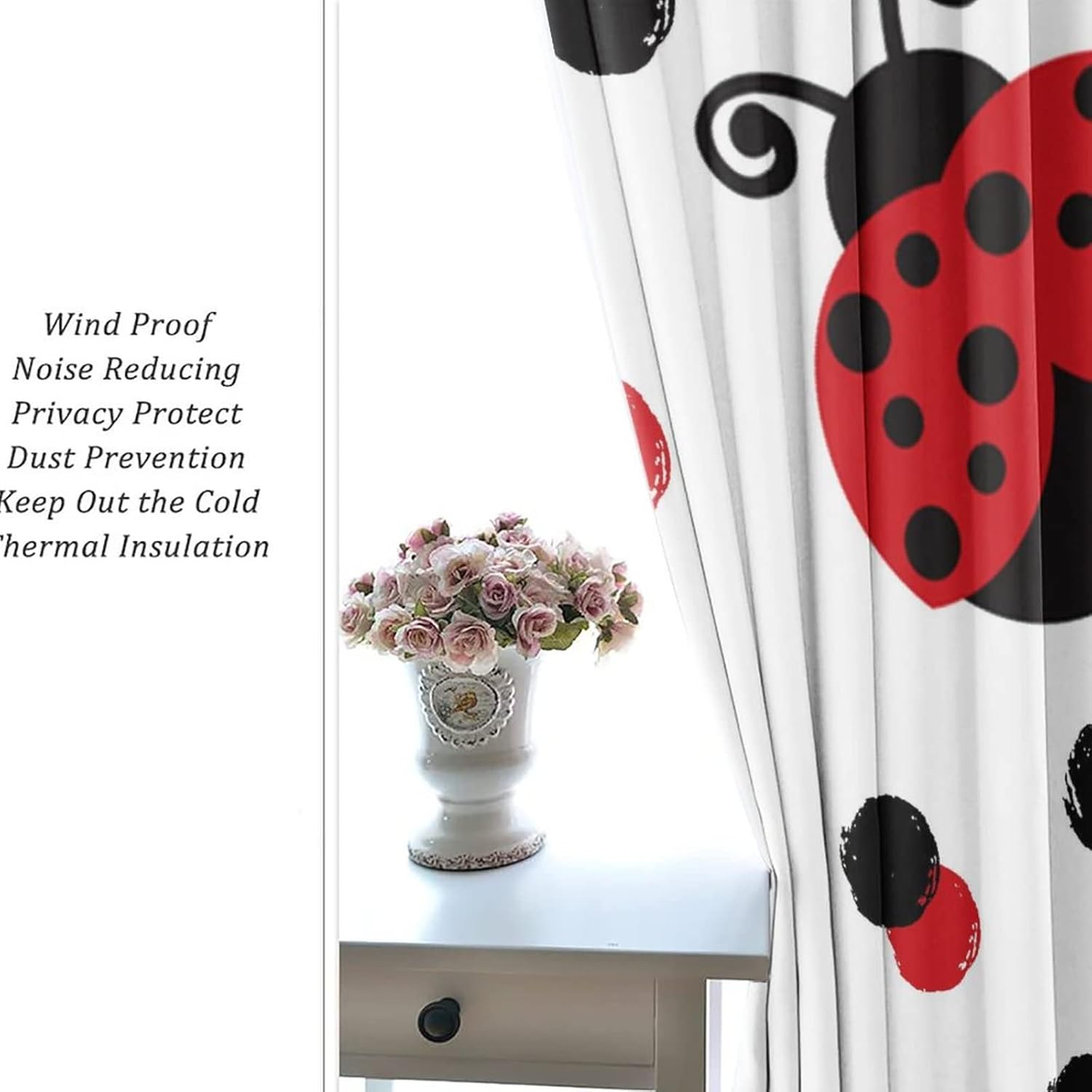 Cute Red Ladybug Blackout Curtains - Watercolor Cartoon Girl Room Decor Red&Black Dot Design Grommet Window Treatment Set Energy Saving Thermal Insulated Drapes for Living Room,2 Panels 45L x 21W