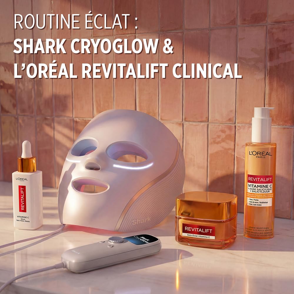 Shark Cryoglow x L'Oréal Paris – Routine de soin du visage - Masque LED avec technologie de refroidissement du contour des yeux + Coffret Revitalift Clinical Vitamine C (nettoyant, sérum, soin)