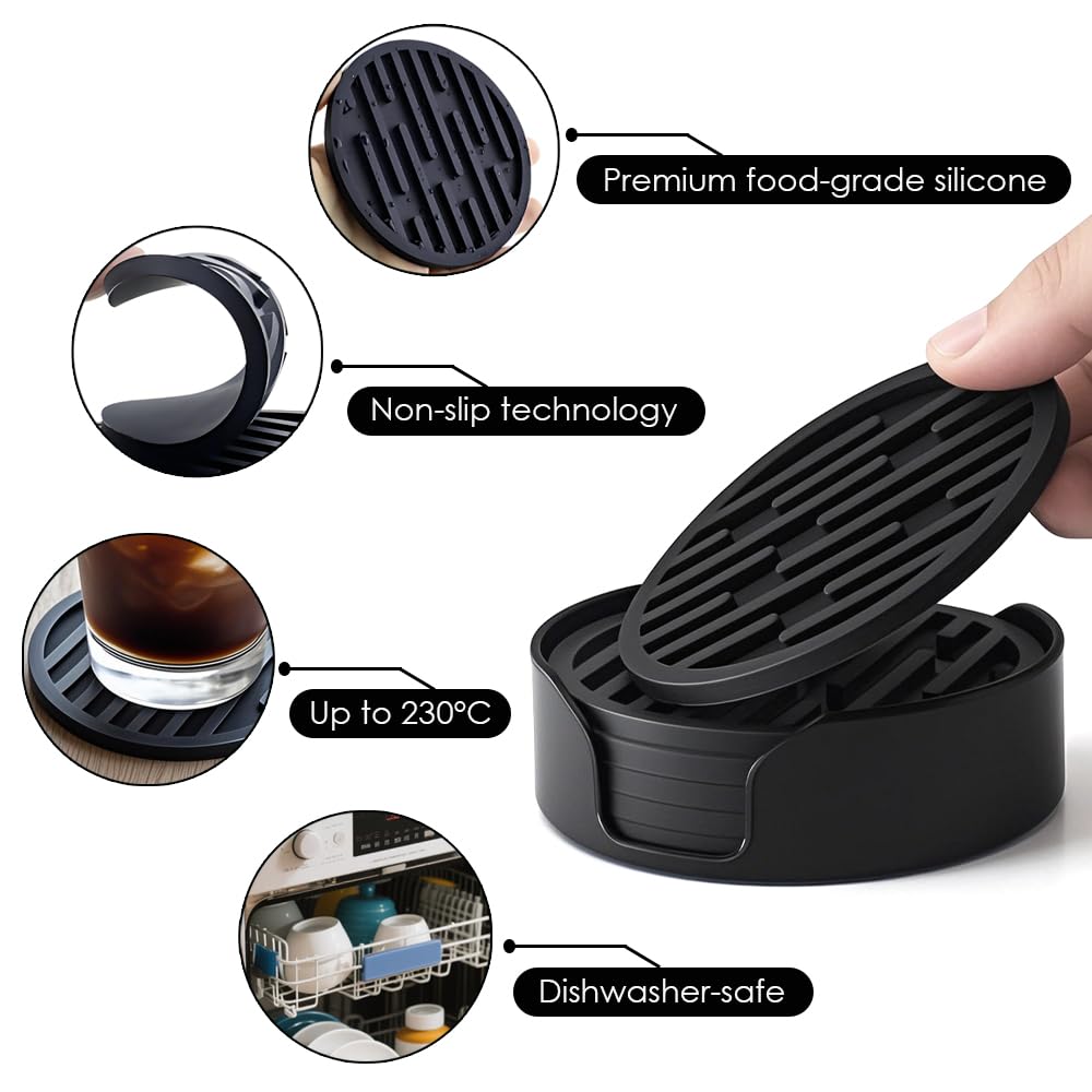 Posavasos Juego, Redondo Antideslizante Portavasos con Soporte, Silicone Coasters para Taza, Mesa, café, Bar, Bebidas, Drinking Coasters Cup Mat, 6 Piezas, Negro