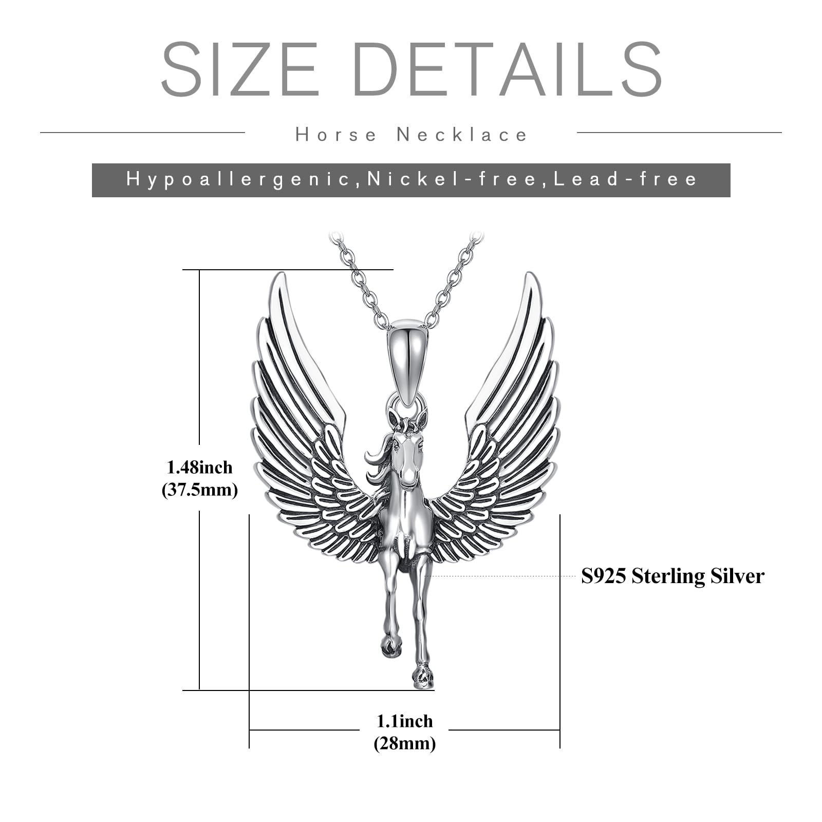 TANGPOET Pegasus Halskette 925 Sterling Silber fliegende Pferd Anhänger, Pferd mit Flügeln Halskette, Pegasus Schmuck Geschenke für Damen Herren