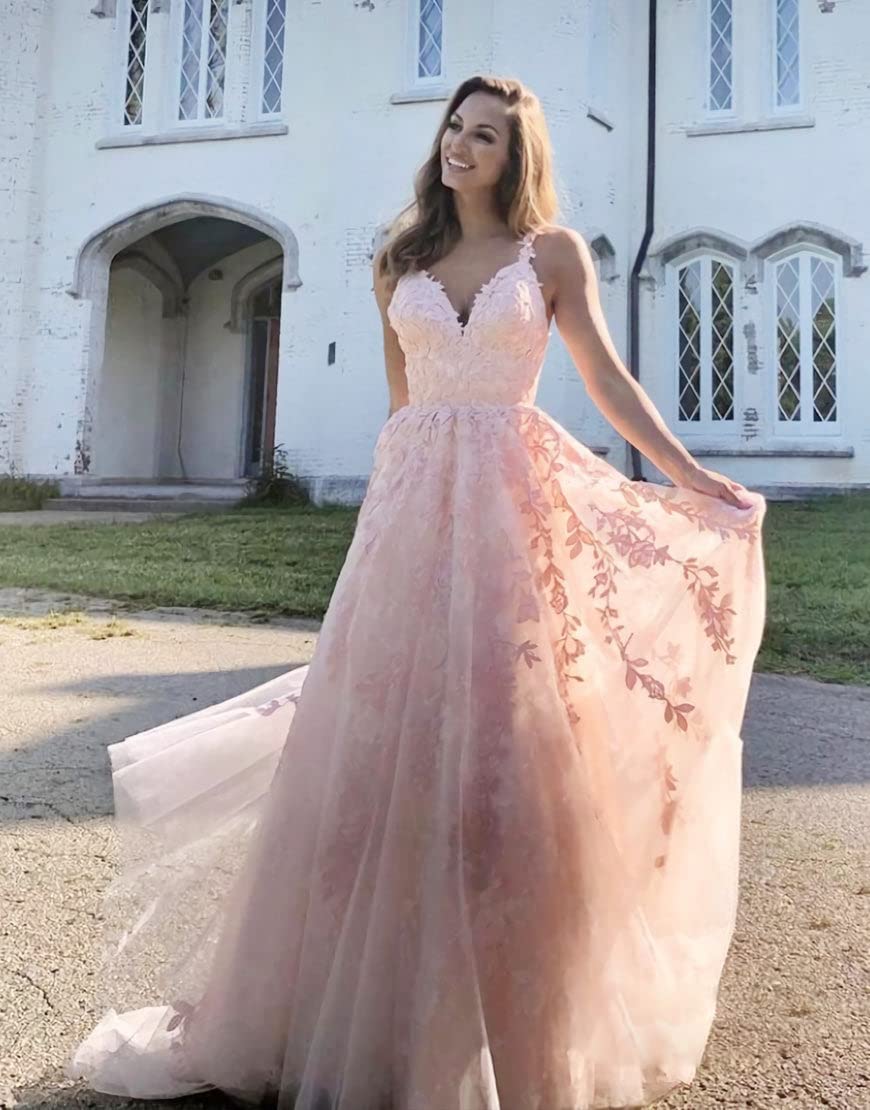 Pink Lace Appliques A Line Open Back Tulle Long Prom Dresses, Pink Lace Formal Graduation Evening Dresses EP1787 main image 0