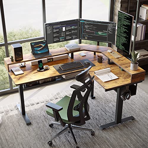 Image of FEZIBO 63 inch L Shaped Standing Desk with Shelves, Large Storage, Triple Motors, Corner Desk with Double Shelves, Rustic Brown