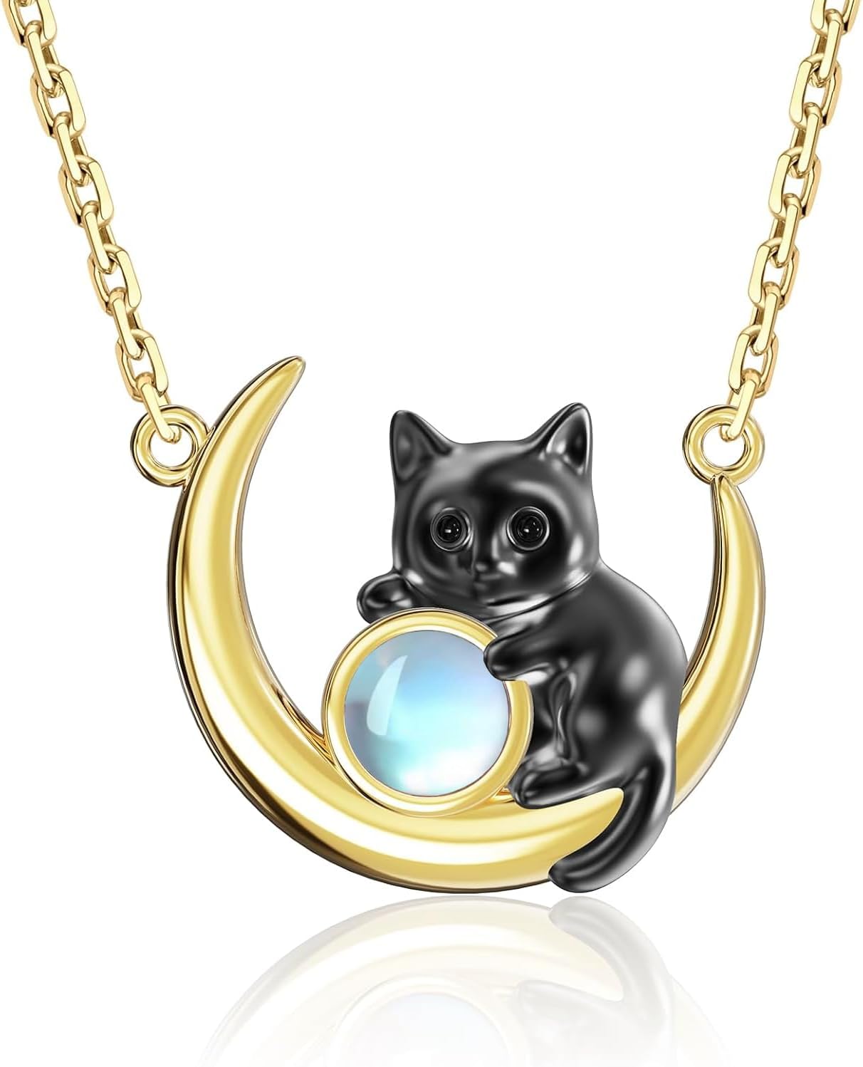Black Cat Moon Necklace with Nature Moonstone Crescent Cat Pendant Necklace Jewelry Kitten Cats Lover Gift for Women Birthday Christmas
