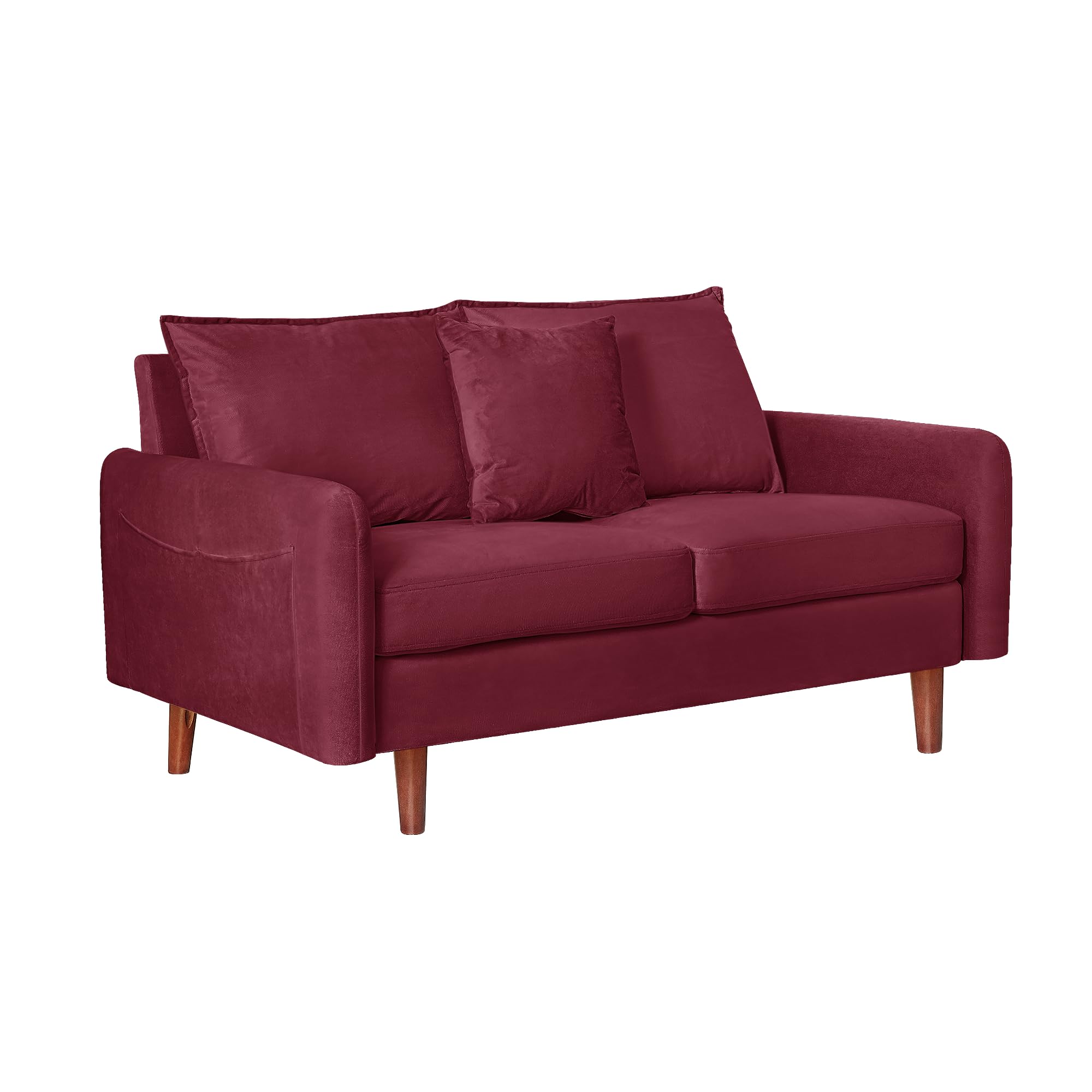 Zwwythraxx 56.1" Round Arm Velvet Loveseat with Side Pockets and a Square Pillow (Burgundy)
