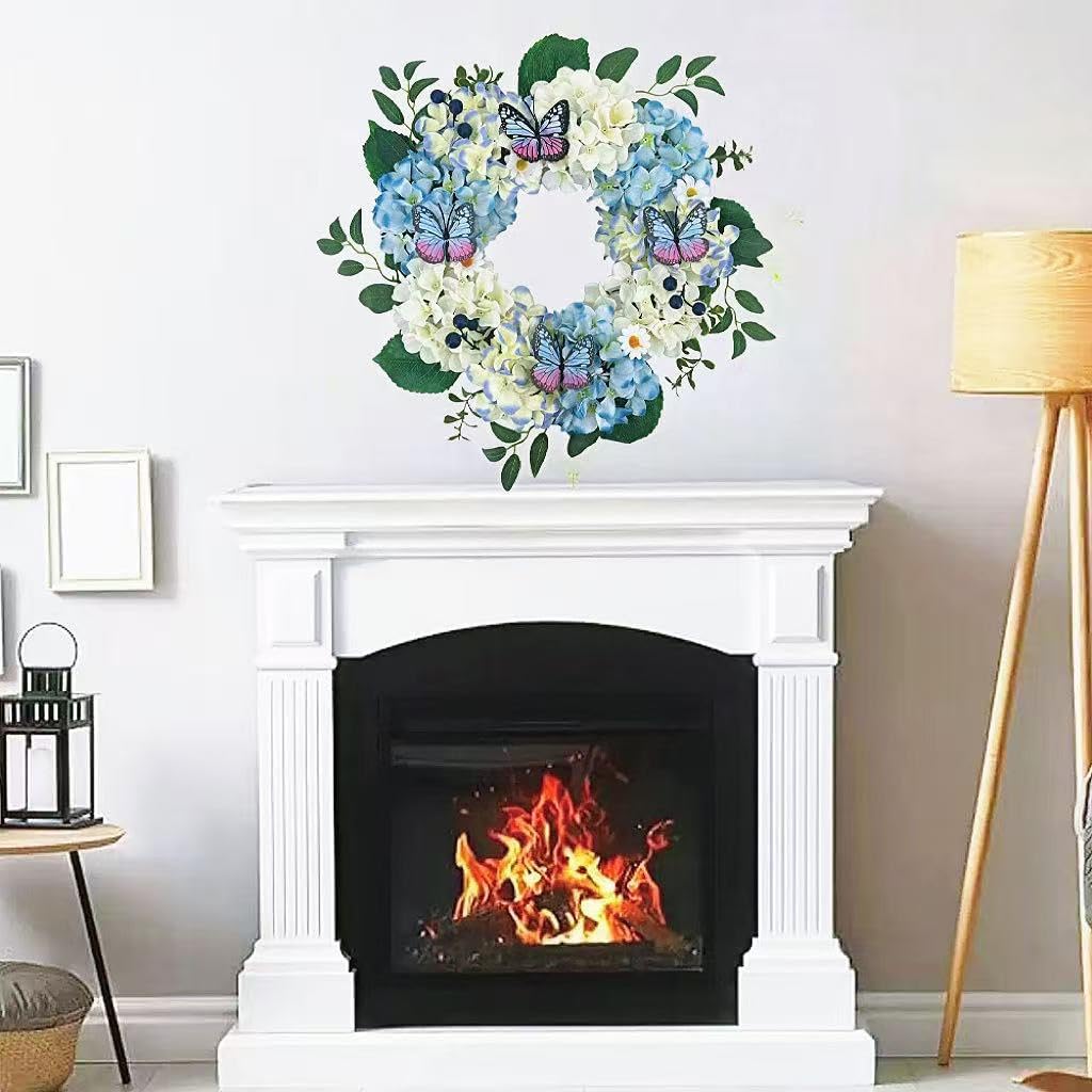 20Inch Blue Hydrangeas Wreath for Front Door,Artificial Leaves and Berries,Outdoor Wreath for Home, Farmhouse, Wedding, Outside Decor - Spring, Summer, Fall, All Seasons