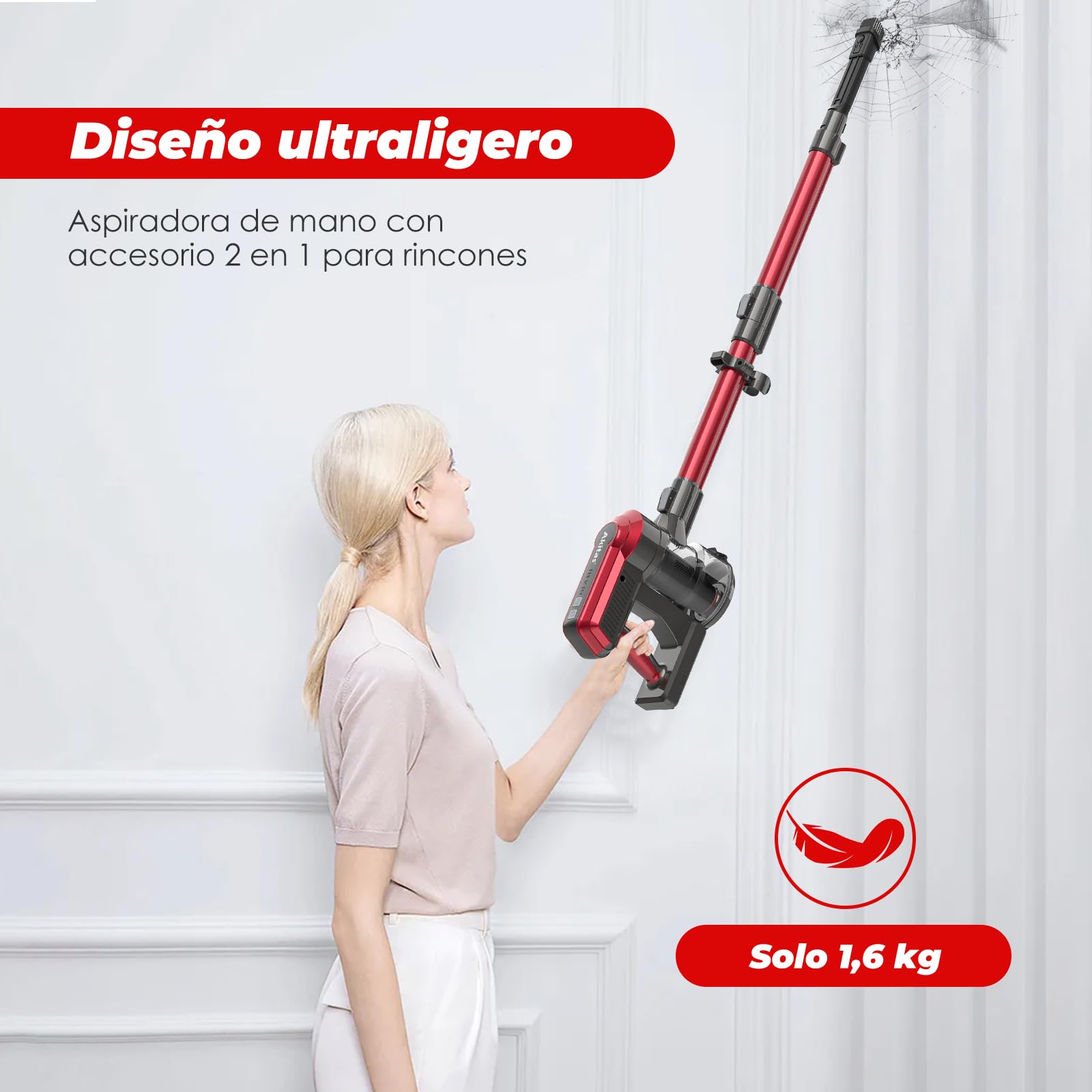 Akitas V10A Aspiradora sin Cable 45000Pa/450W/60Min Vertical Motor BLDC 3 Velocidades Ligera 2.15kg Cabezal Anti-Enredos para Pelo de Mascotas y Alfombras Batería de Litio