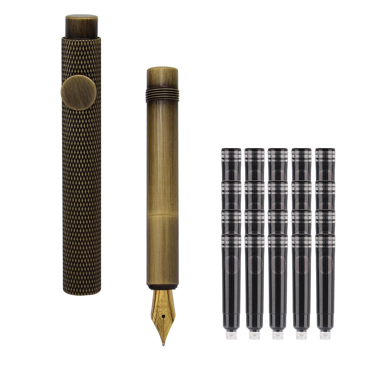 SIPLIV Bronze Fountain Pen Short Paragraph Pocket Mini Travel Fountain Pen with 20 Pcs Black Ink Cartridges - Dragon Scale, Iridium Extra Fine Nib(0.38mm)