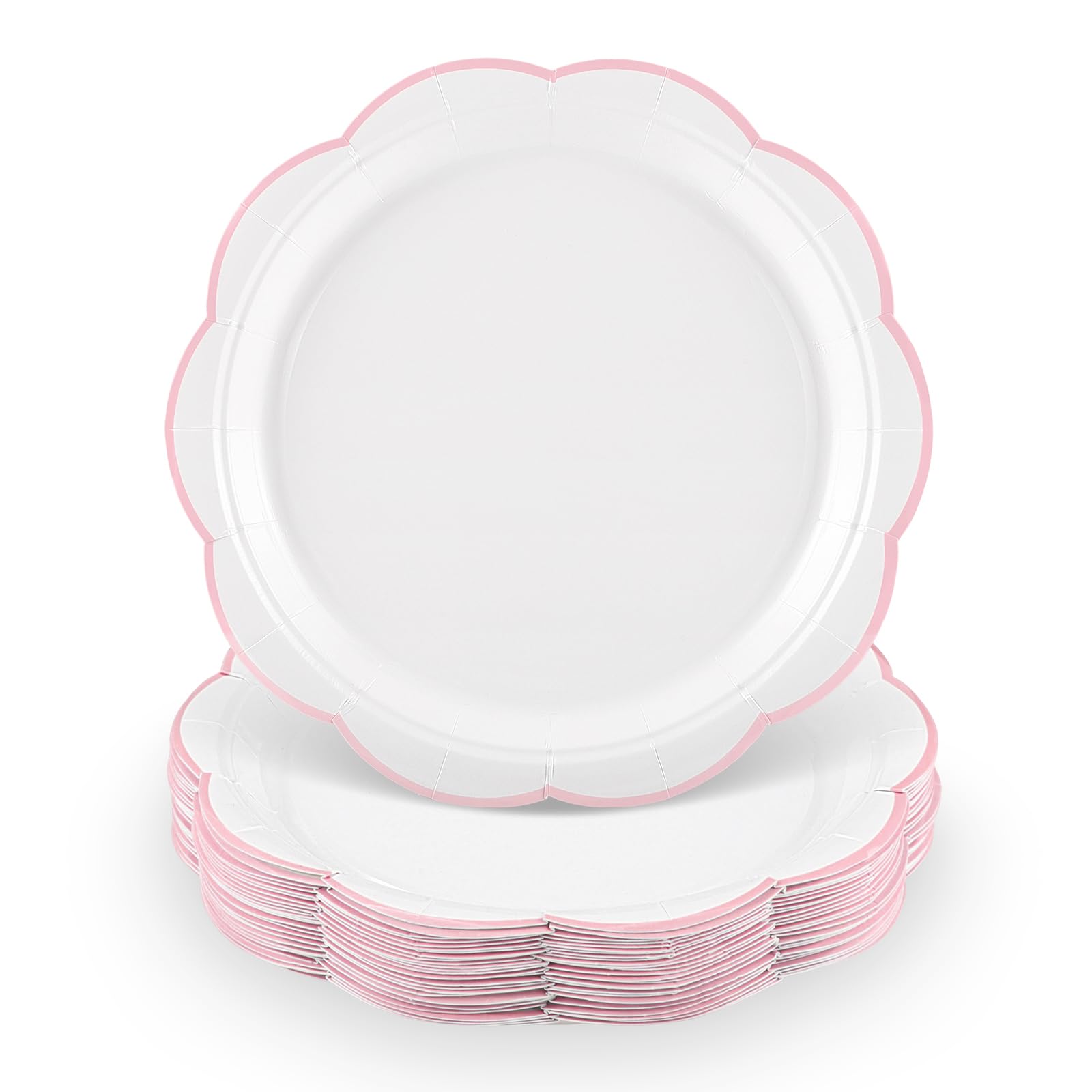 30 Pcs Pink and White Paper Plates, 7 Inch White Plates with Pink Trim