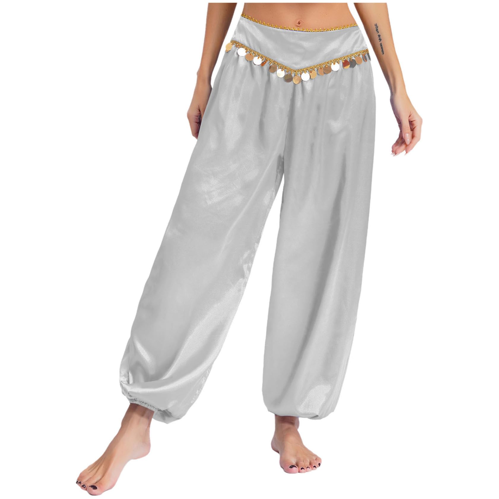 Sywiyi Damen Tanzhose Lang Bauchtanz Hose Pumphose mit Pailletten Low Rise Indische Orientalische Tanz Kostüm Mottoparty Karneval