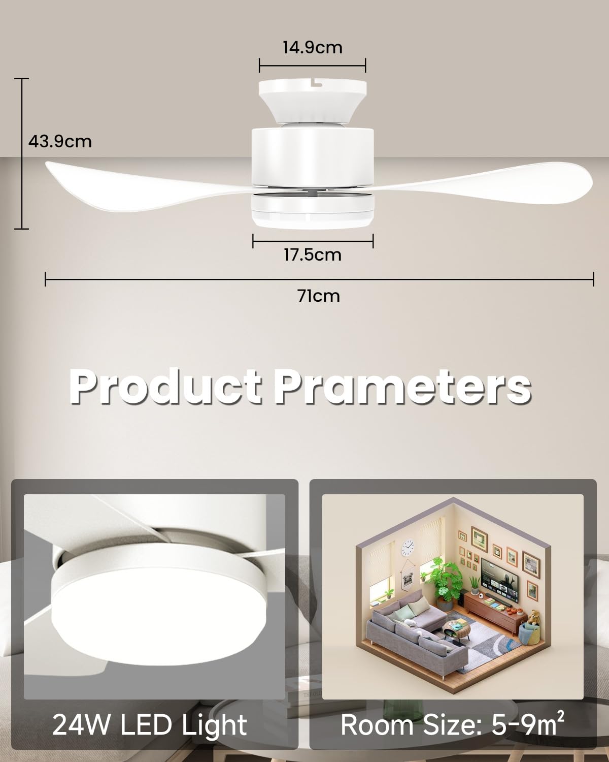 Airwit 71cm Ventilatore da Soffitto con Luce Silenzioso, Piccolo Lampadario Ventilatore Soffitto con Telecomando e Reversible DC Motore, Lampada Ventilatore LED per Camera da Letto, Soggiorno, Cucina