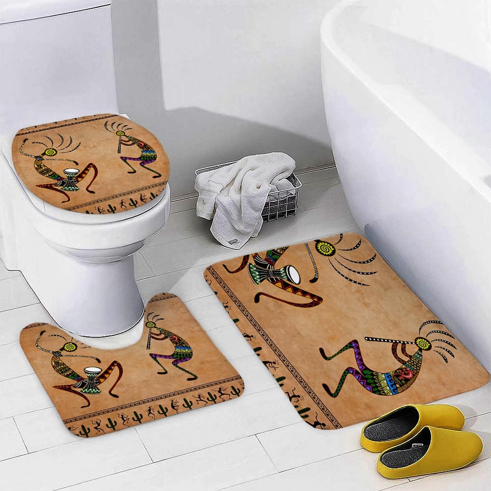 Southwestern Theme 70" Shower Curtain Set Kokopelli Ethnic Tribal Bathroom Set 4 Pcs Native American Rugs Vintage Music Harvest Toilet Lid Cover Bath Mat A09294