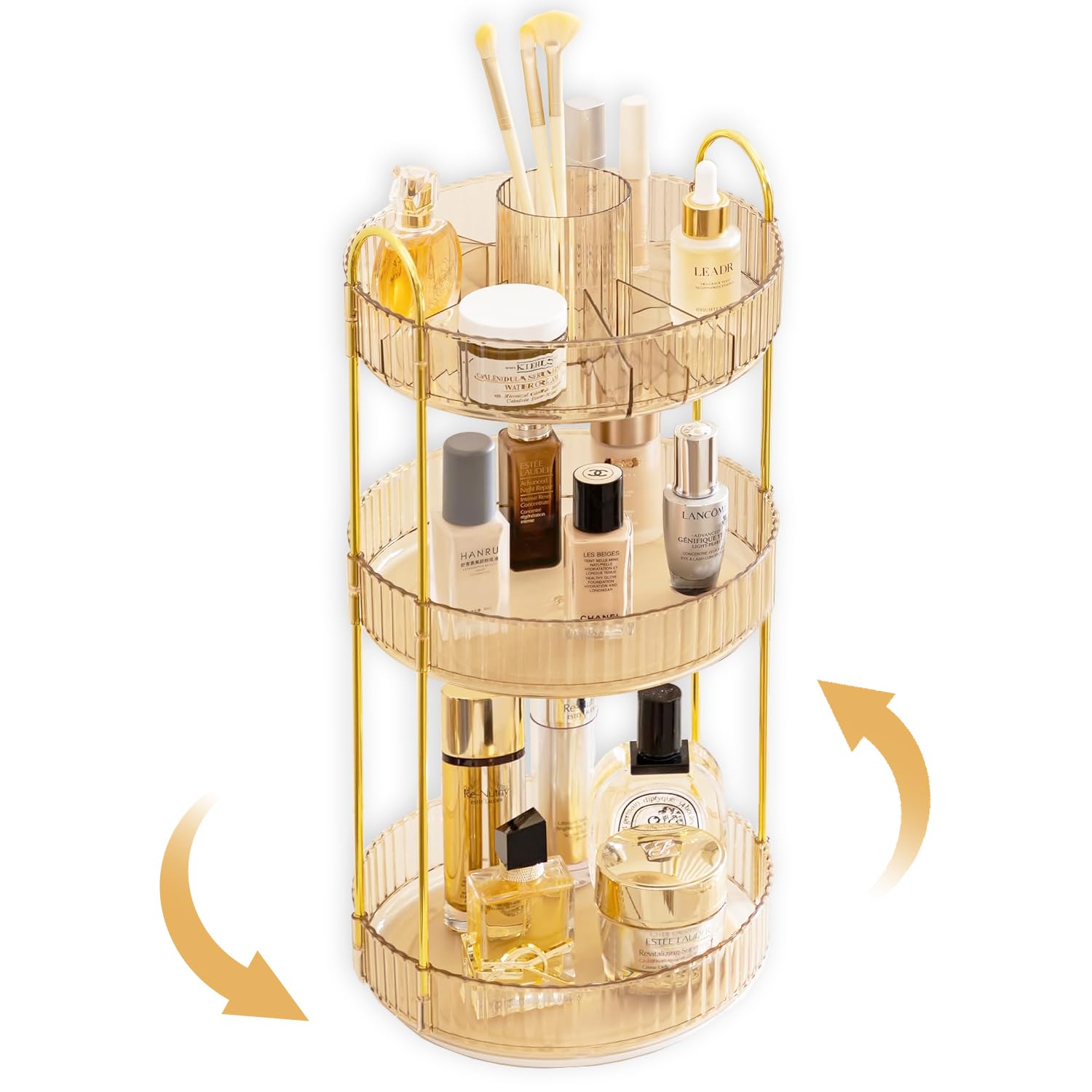 Organizador de Maquillaje Giratorio 360 Organizador Cosmeticos 3 Niveles Gran Capacidad Almacenaje Cosméticos Organizador Perfumes Makeup Organizer con Portacepillos para Baño Tocador, Oro