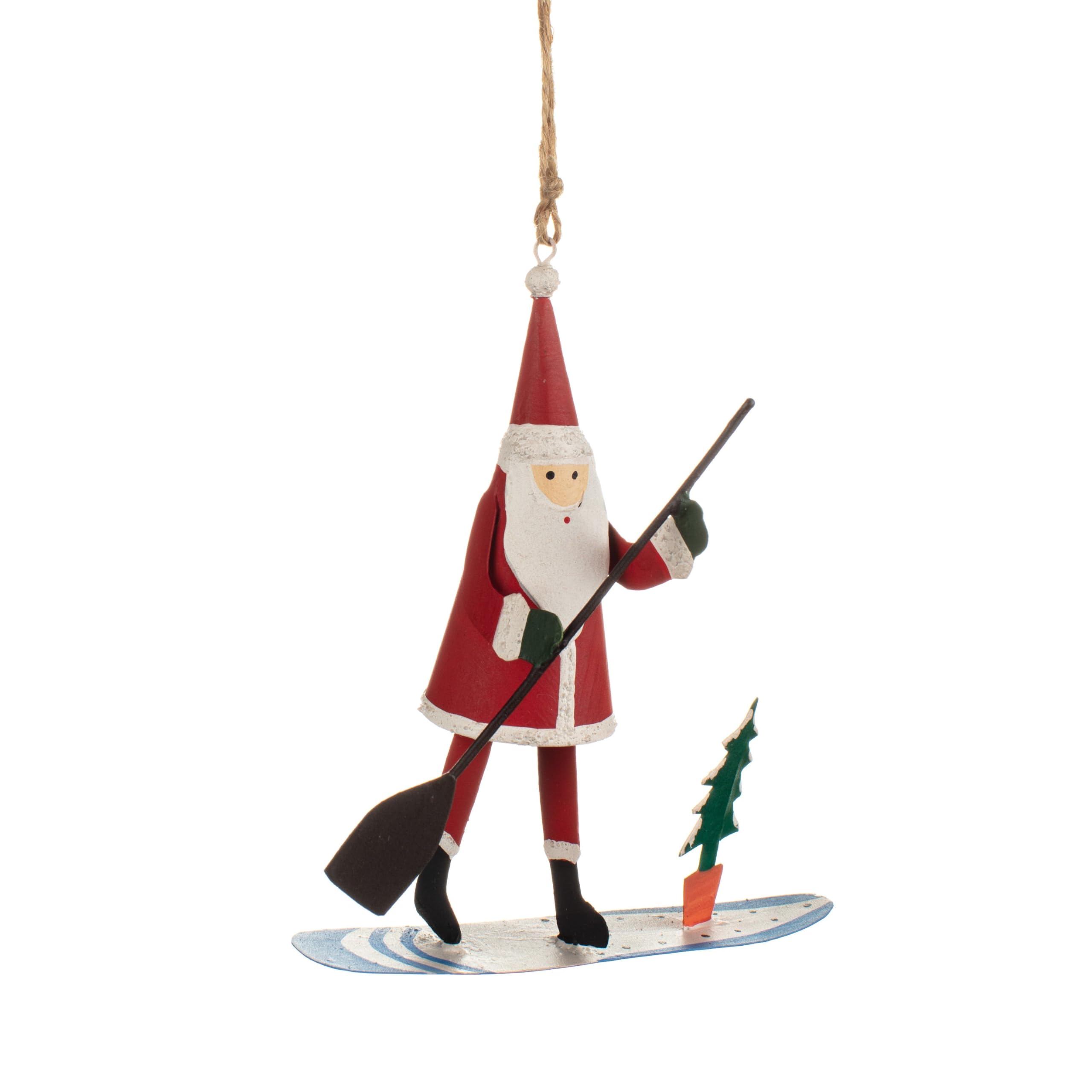 Shoeless Joe Metal Santa on a Paddleboard Hanging Christmas Tree Decoration