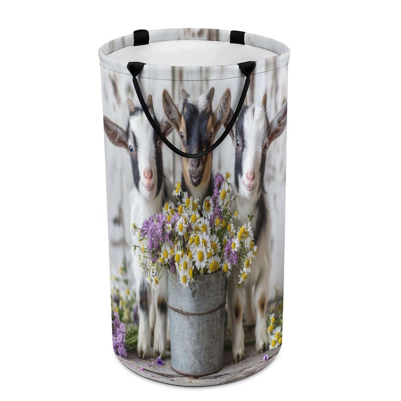 LUYYSKY Vintage Cute Sheep Versatile Storage Laundry Basket, Beautiful Realistic Farm Wooden Board Animals Alpaca Daisies Floral Large Capacity Bathroom Hamper With Handle
