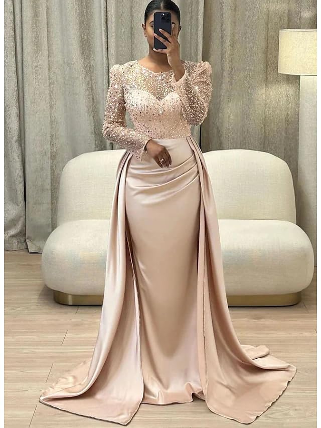 Long Sleeve Satin Prom Dresses for Women 2025 Mermaid Sequin Mock Neck Formal Evening Party Gown with Slit2