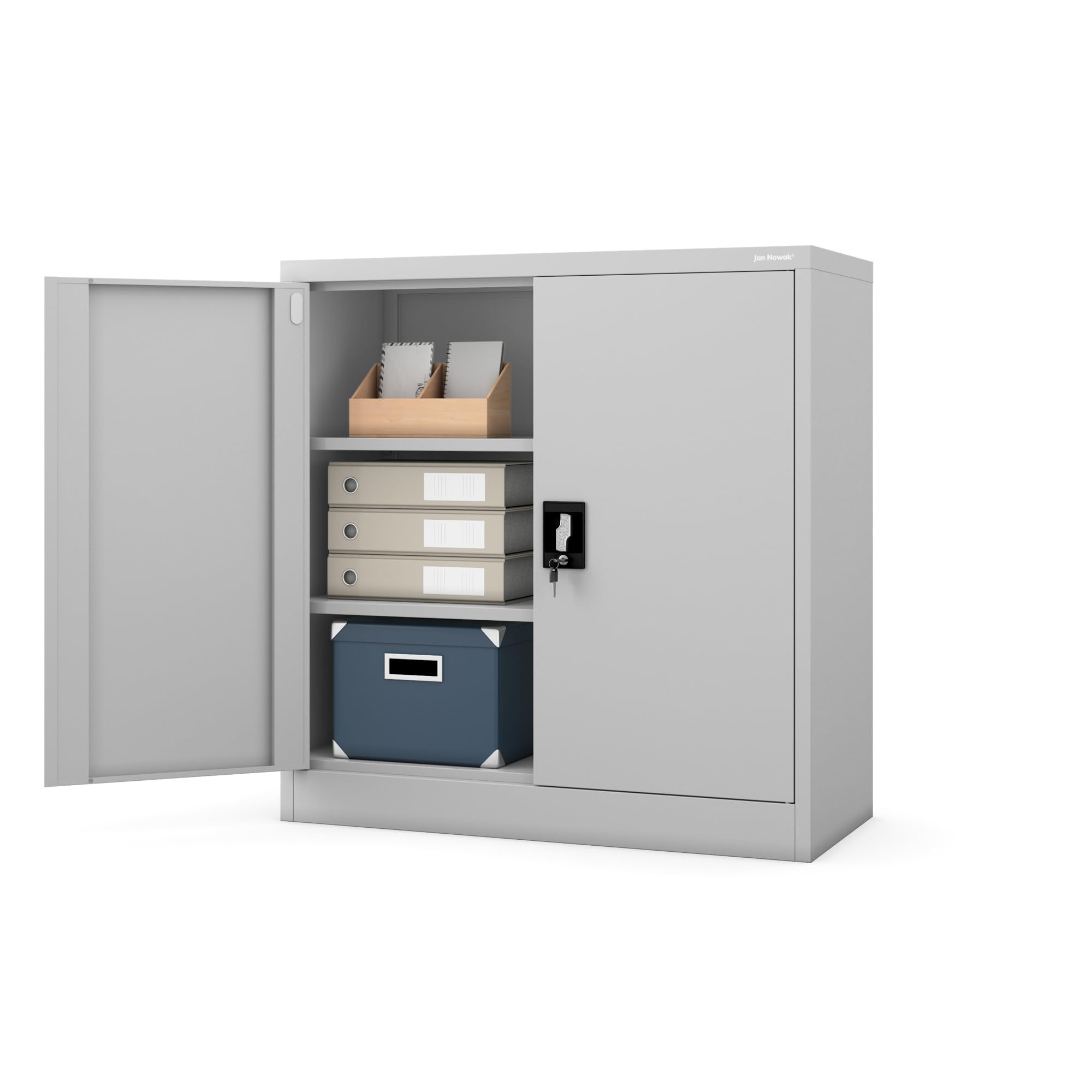 Jan Nowak Kleiner Aktenschrank C001B Büroschrank Metallschrank Lagerschrank 2 Verstellbare Fachböden Pulverbeschichtet Abschließbar 92,5 cm x 90 cm x 40 cm (Grau)
