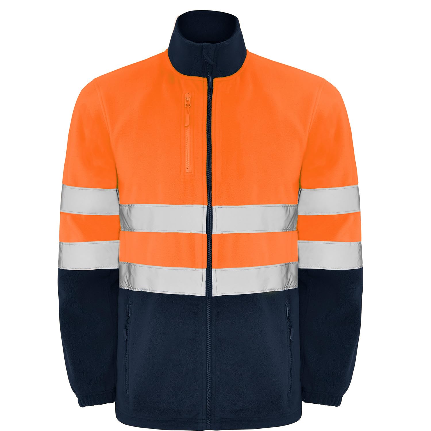 Chaqueta polar alta visibilidad adulto con cintas reflectantes, cremallera completa, bolsillos frontales y pecho, 100% poliéster