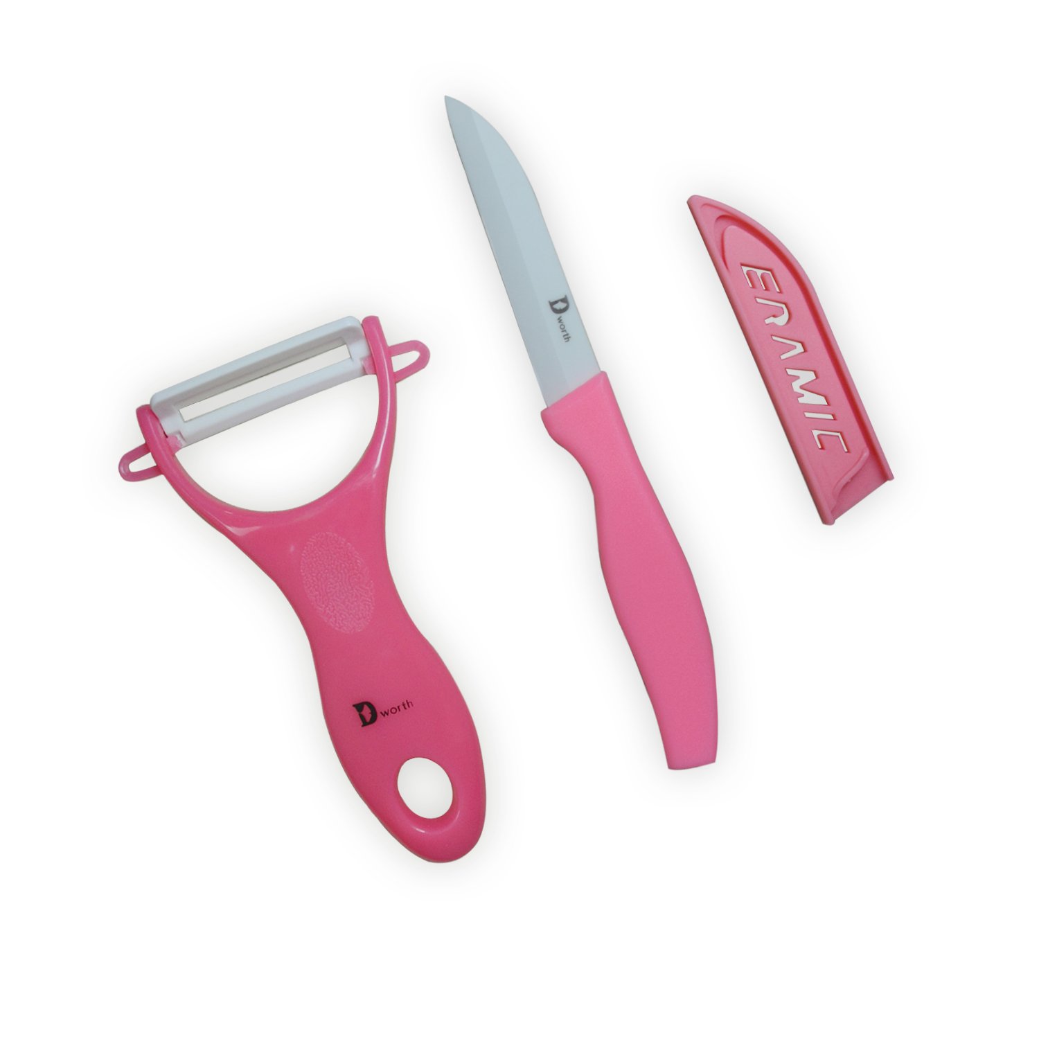 Dworth 2 Piece Multi Color Ceramic Cutlery Kitchen Knives and Peeler Knife Set ( Pink)