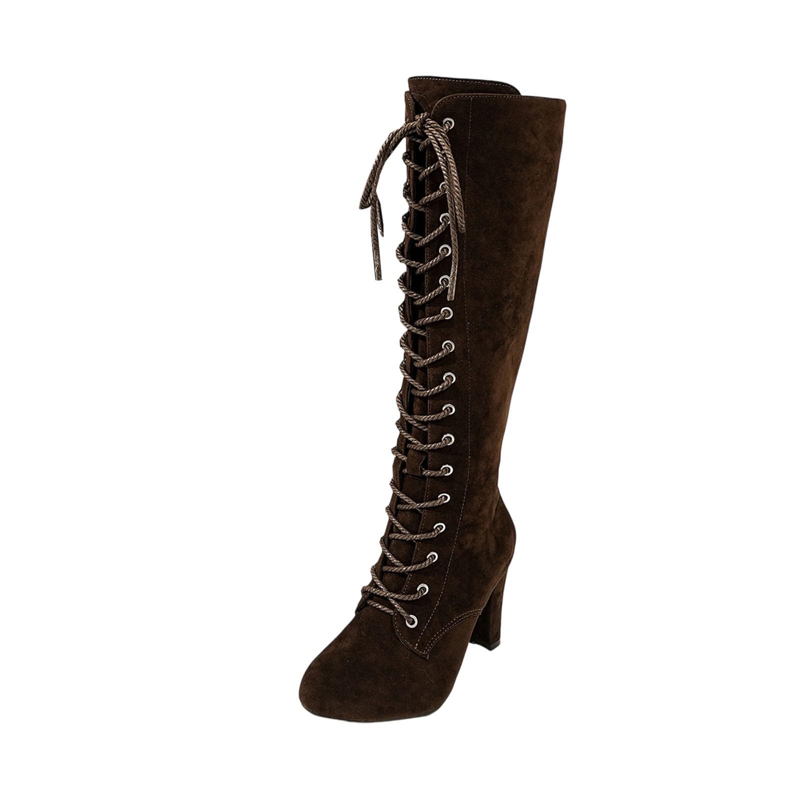 Retro Lace up Knee High Boots for Lady Winter Warm Tall Western Booties Lightweight Party Wedding Dressy Shoes