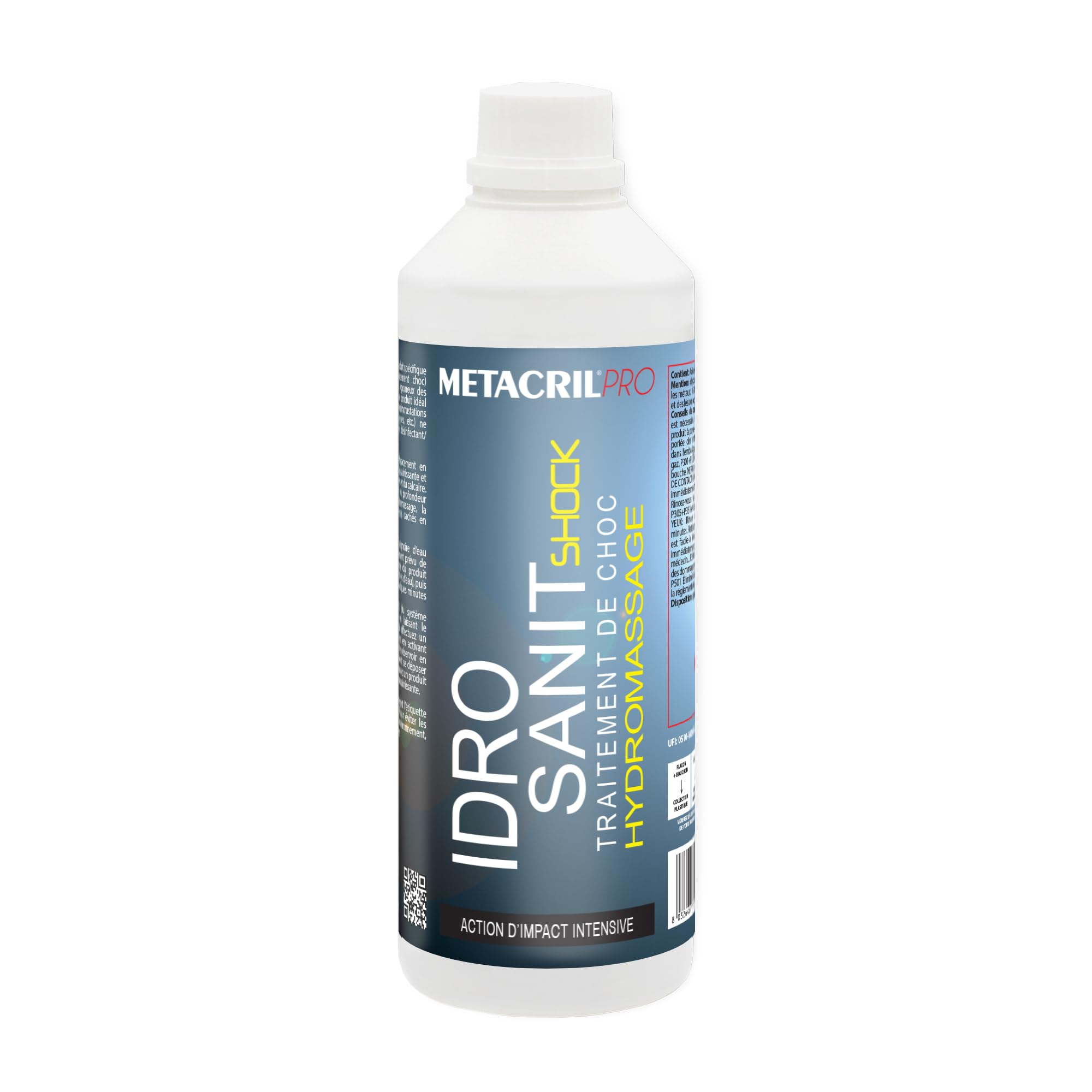 Metacril Pro kit de 2 piezas, Idro Sanit Forte 500ml + Idro Sanit Shock 1Lt + dosificador graduado, para la limpieza del sistema de hidromasaje | Juego de 2 productos específicos para el mantenimiento y limpieza profunda de instalaciones de spa y bañeras