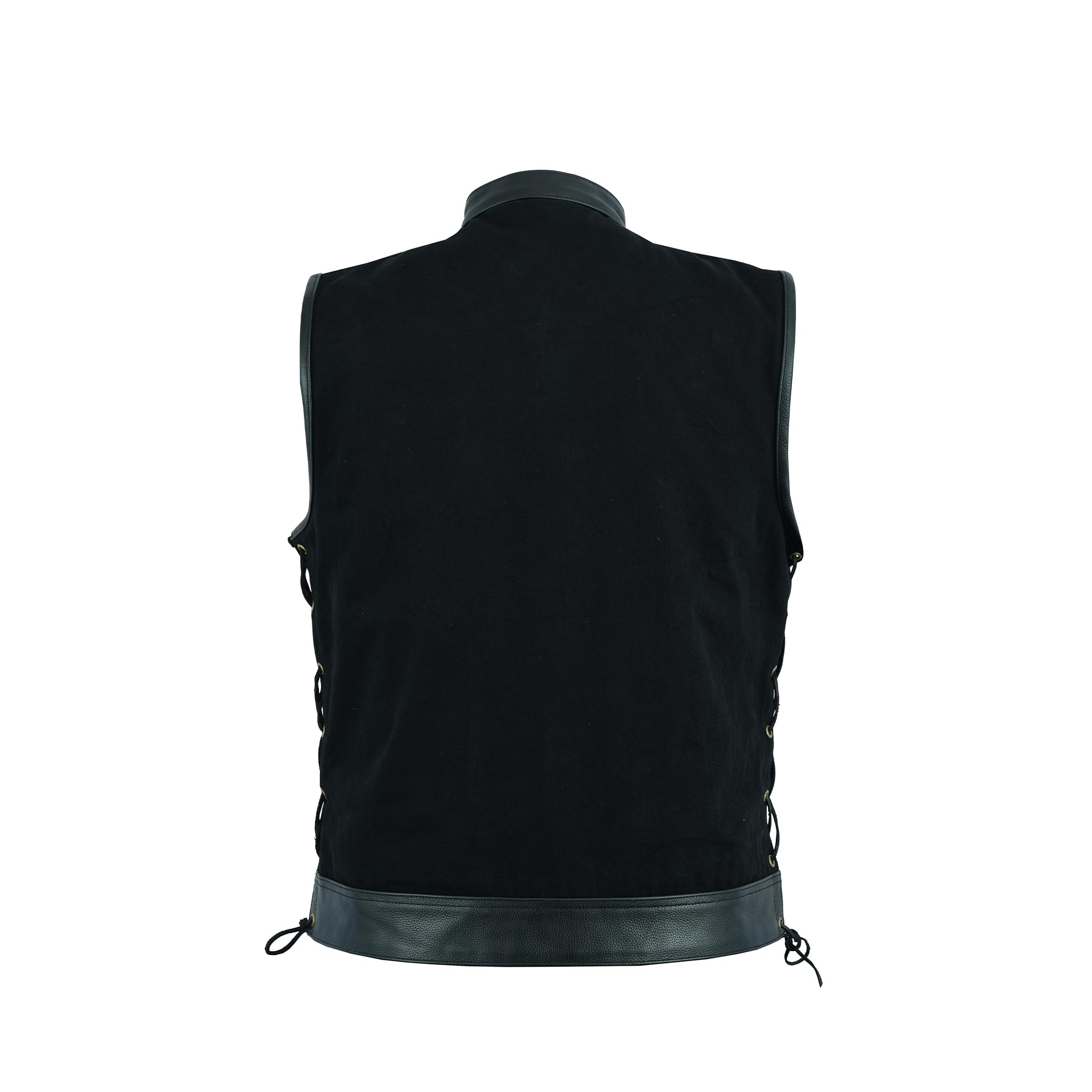 Leatherick Chaleco de hombre con ribete de cuero en denim pesado con encaje lateral estilo motero y bolsillos profundos