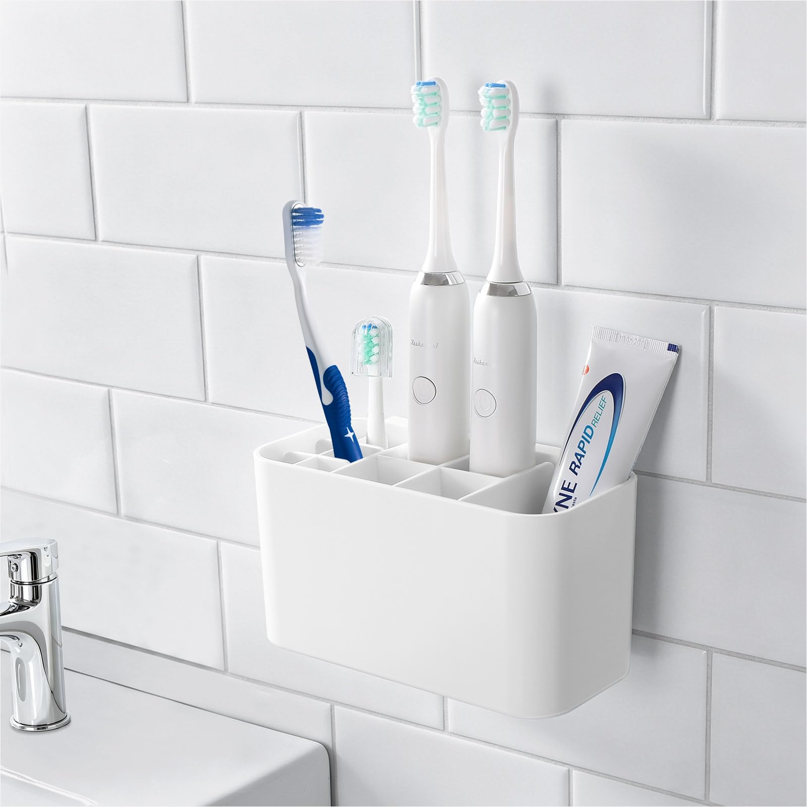 Colist White Toothbrush Holder Wall Mounted, Electric Toothbrush Holder With Drainage, 11 Detachable Compartments, Family Bathroom Organizer (White)