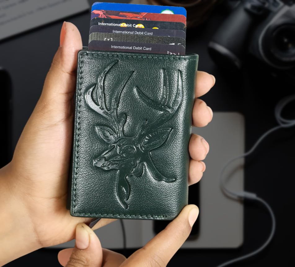 Image of Men's Genuine Leather RFID Wallet | Premium Slim Red Wallet for Men with Deer 3D Print | 8 Card Slots Secure and Durable Design | Casual Stylish | Formal & Gifting Use, Black (Green)
