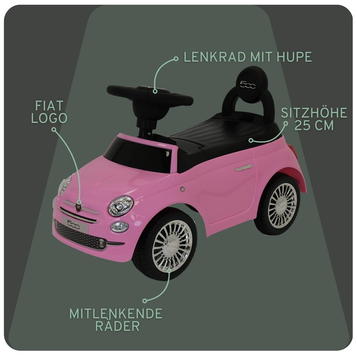 Bandits & Angels Rutschauto FIAT 500 Retro Pink ab 1 Jahr für Mädchen – Rosa Rutschauto für Kinder – mit Hupe – für drinnen und draußen