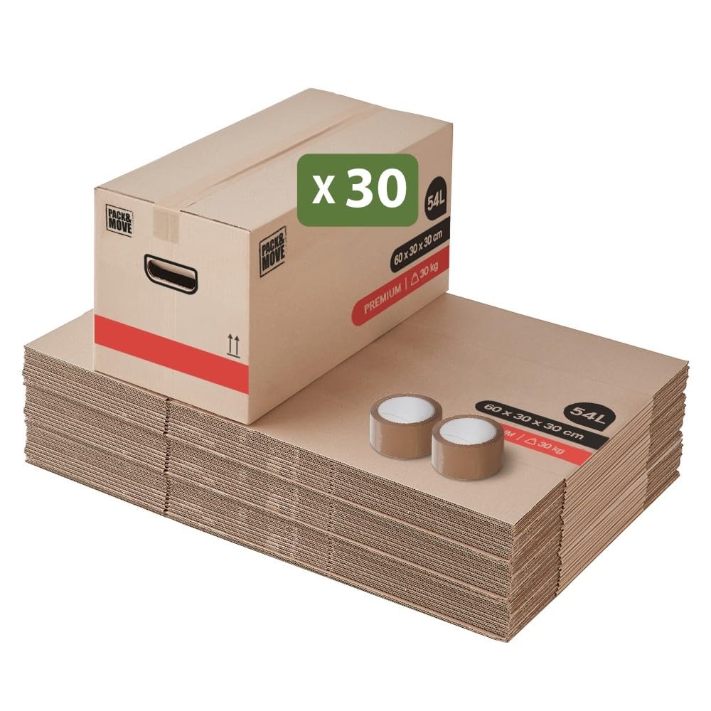 Pack and Move - Zestaw 30 kartonów przeprowadzkowych premium - 60 x 30 x 30 - ekstremalna wytrzymałość 30 kg - wielokrotnego użytku - wzmocnione uchwyty - 2 naklejki w zestawie
