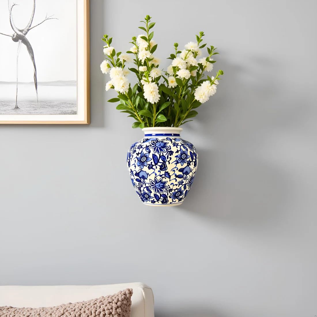 JSV Blue and White Ceramic Wall Vase, Traditional Floral Pattern, Medium Size 19x17.5 cm, Decorative Hanging Pottery for Home Decor-image-35