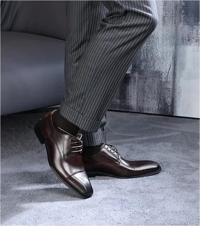 HOOENG Dress Oxford Shoes for Men Lace Up Square Burnished Toe PU Leather Cap Toe Derby Shoes Rubber Sole Slip Resistant Block Heel Prom(Color:Brown,Size:10.5)3
