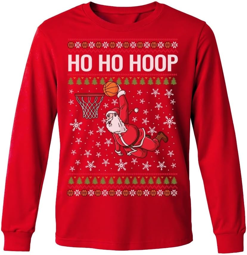 Tstars Merry Swishmas Basketball Shirt - Funny Ugly Christmas Sweater Style Kids Long Sleeve Festive Holiday Tee