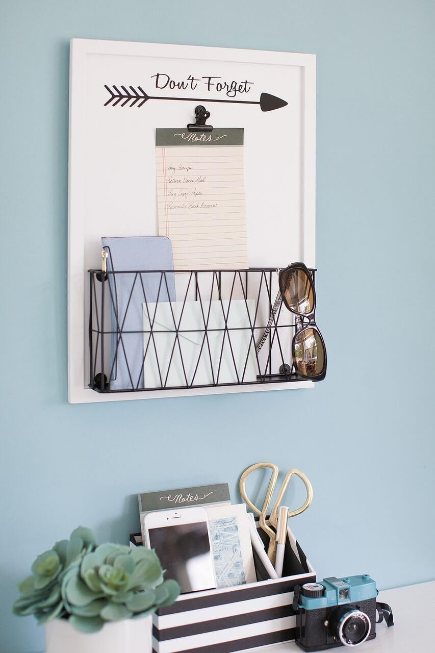 BLU MONACO | Wall Mail Organizer for Home in Rustic White Wood | Wall Mounted Document Holder with Metal Basket | Office Mailbox Wall Mount and Outgoing Mail Holder