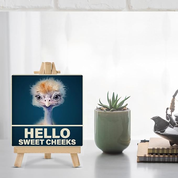 ZOSAN Bathroom Sign Decor Funny Hello Sweet Cheeks Ostrich Wood Sign with Easel for Home Restroom Toilet Shelf Desk Décor photo 2