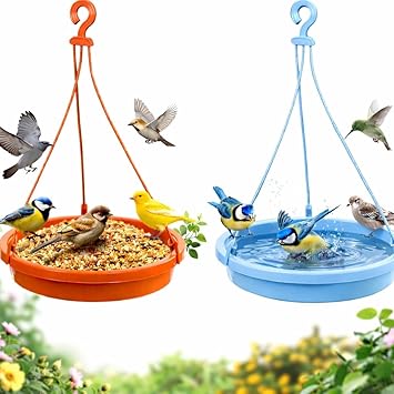 Outdoor Hanging Bird Feeder Tray with Bird Bath – Heavy-Duty Garden Seed Feeder & Water Basin for Backyard Birds (Blue)