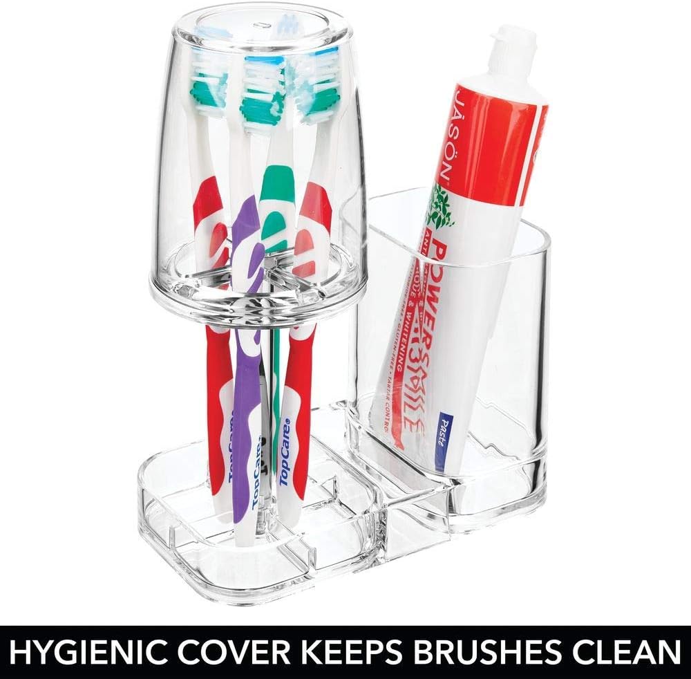 mDesign Modern Plastic Bathroom Vanity Countertop Toothpaste & Toothbrush Holder Stand with Rinsing Cup/Cover - Dental Center Holds Electric Toothbrushes - Clear