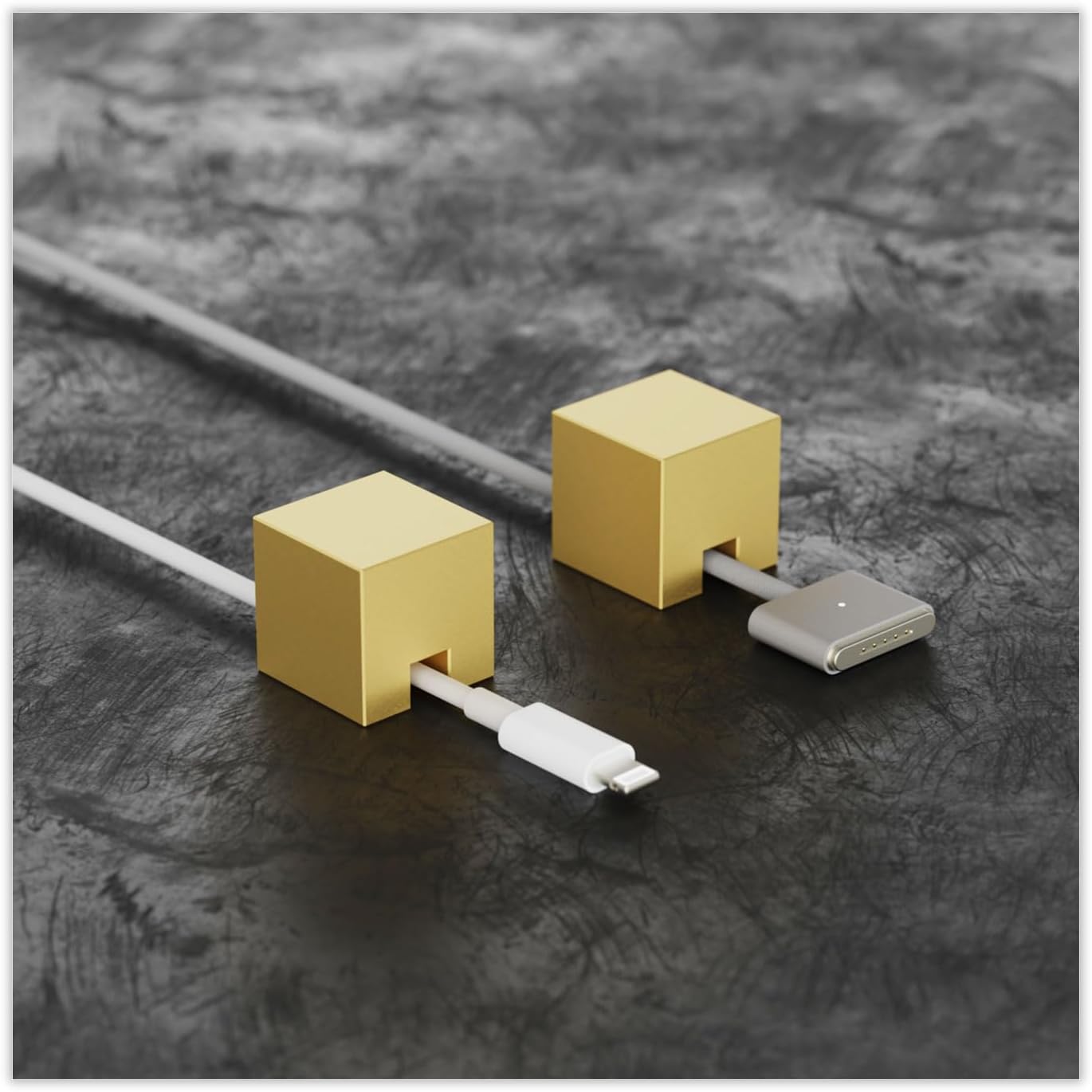 (2 PCS - Gold) Metal Cord Holder, Weighted Cable Organizer or Management, Heavy Wire Keeper for Nightstand, Bedside Table, Desk - N2U Cube Cords Strap for Phone USB-C, Lightning Charger Cables