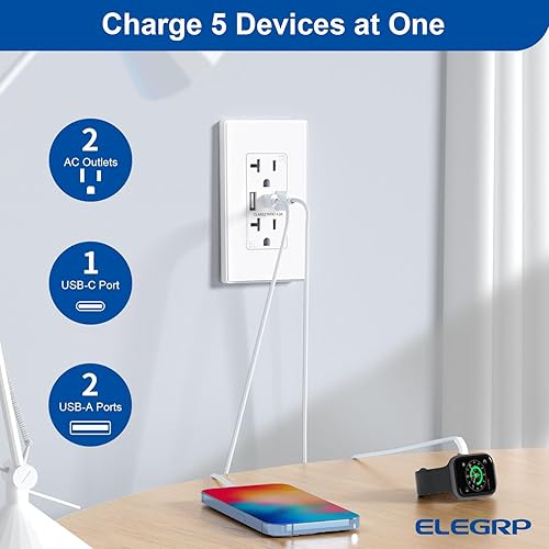 Miniatura 2 de ELEGRP Tomacorrientes de pared USB, 3 puertos USB C, tomacorrientes de pared blanco mate de 20 amperios con puertos USB, salidas USB TR resistentes