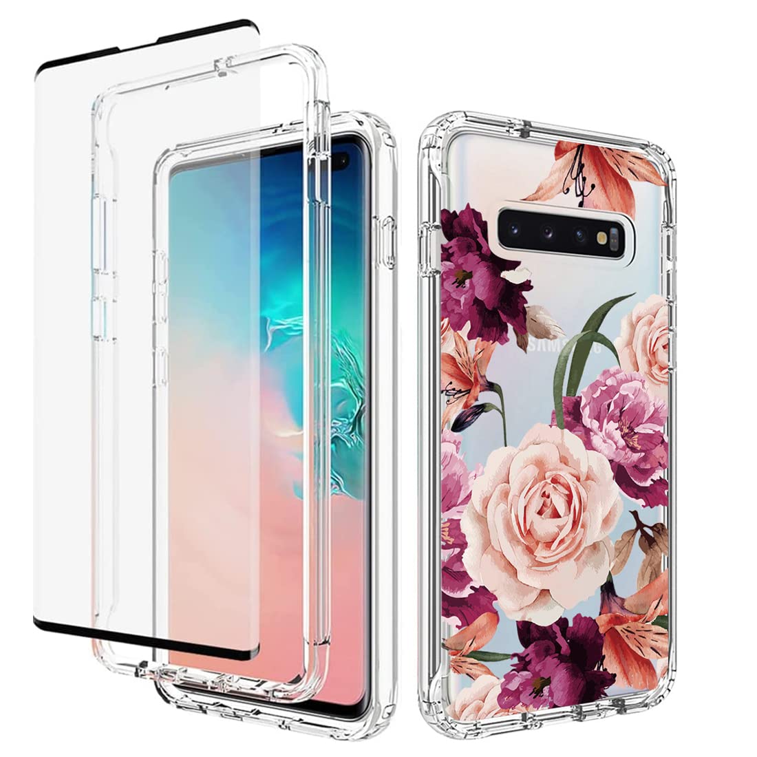 Yerebel Cellular Phone Case for Samsung Galaxy S10 Plus, Purple Flower, Shockproof Bumper, Full Body Protective Cover with Tempered Glass Screen