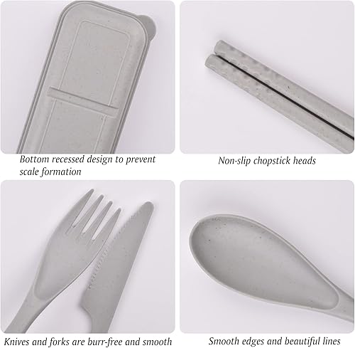 Miniatura 6 de Utensilios de viaje con estuche, juego de cubiertos portátiles de paja de trigo, cuchara, cuchillo, tenedor, palillos, utensilios reutilizables para