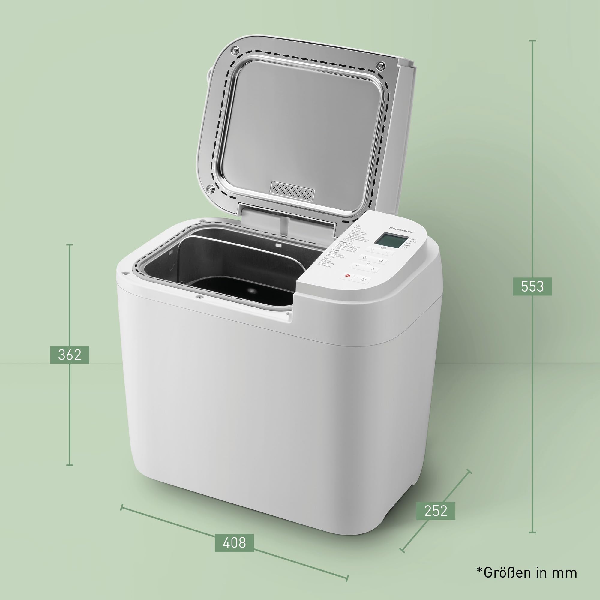 Panasonic SD-B2510W Vollautomatischer Brotbackautomat, 4 glutenfreie Programme, horizontales Design, 21 automatische Programme, 2 Temperatursensoren, 13 Stunden Zeitvorwahl, LCD-Display, Weiß