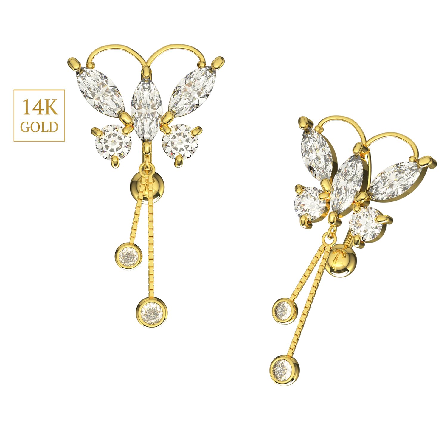 Monster Piercing Piercing para ombligo de oro amarillo macizo de 14 quilates con piedra circonita cúbica redonda en cadena colgante, calibre 14, joyería