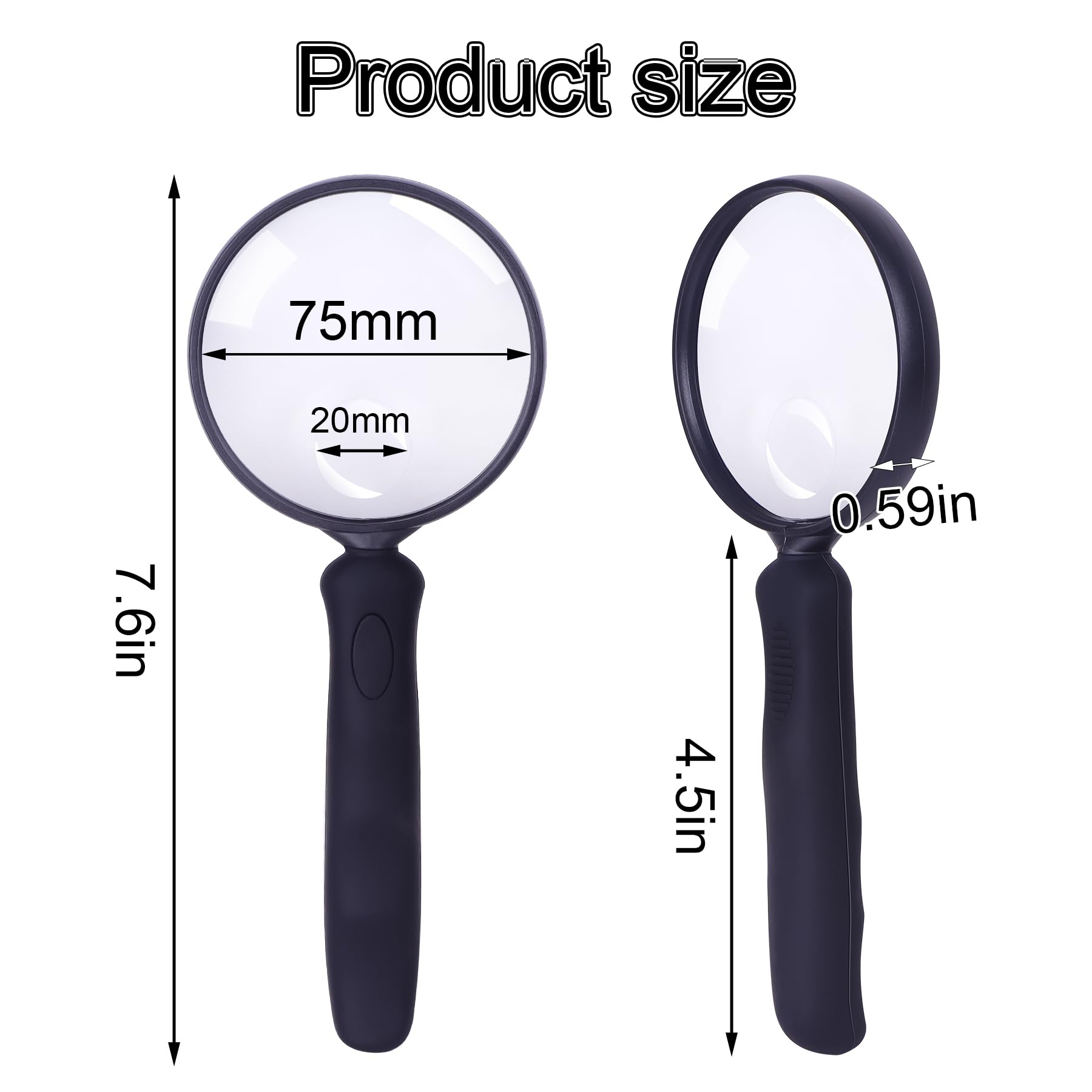 Lakei Magnifying Glass 10X 30X Handheld Reading Magnifying Glass, 75mm Shatter Resistant Lens, Non-Slip Rubber Handle, Suitable for Elderly Reading, Kids Natural Exploration and Science Hobby(Black)