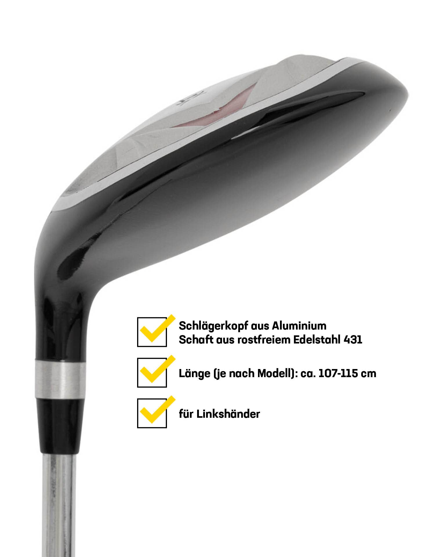 JELEX Golf Driver/madera mano izquierda de acero inoxidable y aluminio para zurdos, longitud: 107-115 cm, ángulo de inclinación: 56-58°, peso: 420 g, con mango de goma ergonómico, fácil de limpiar y