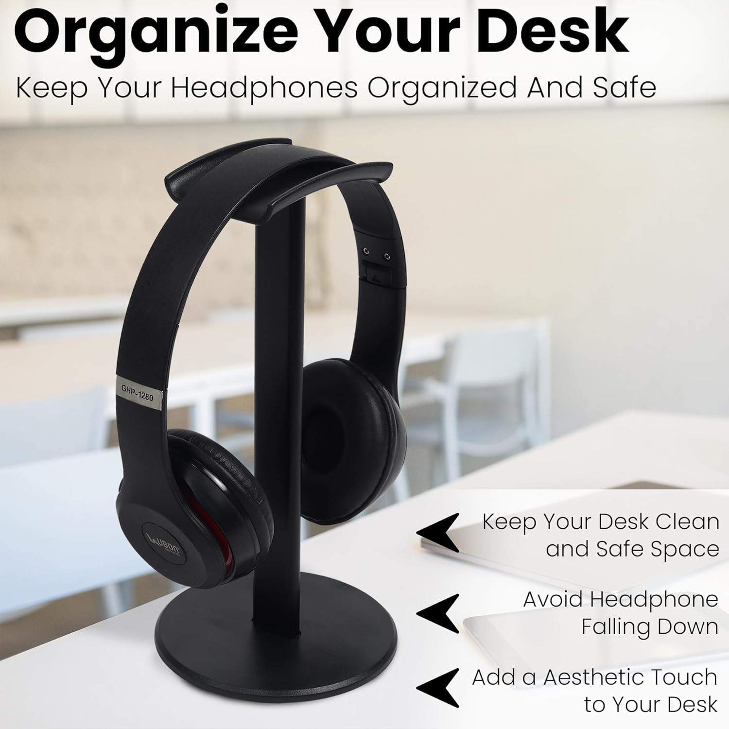 GadgetBite Supporto per cuffie da tavolo, scrivania, in alluminio, supporto per cuffie da gioco, per tavolo, base solida, organizer per accessori per PC, ufficio, casa, cuffie da gioco, nero
