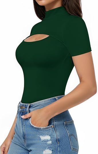 ALGALAROUND Short Long Sleeve Shirts for Women Basic Mock Turtle Neck Cut Out Tops Going Out T-Shirt Tee