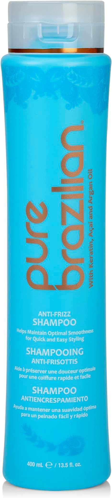 Pure Brazilian Anti-Frizz Daily Shampoo, Salt-Free, Color Safe, with Keratin, Argan Oil & Acai for Prolonged Treatment & Smooth Hair, 13.5 Oz